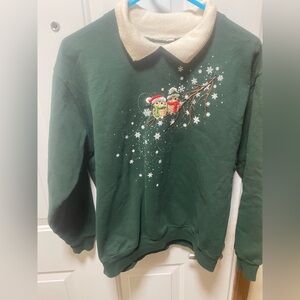 Vintage-Style Embroidered Christmas Owl Collared Sweatshirt